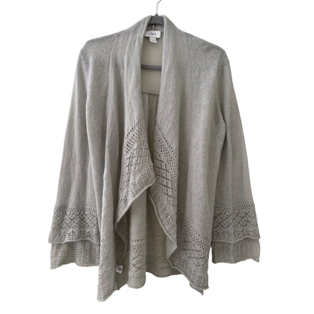 Loft Gray Open-Front Knit Cardigan Sweater L Lace Detail Long Sleeve - Picture 13 of 16